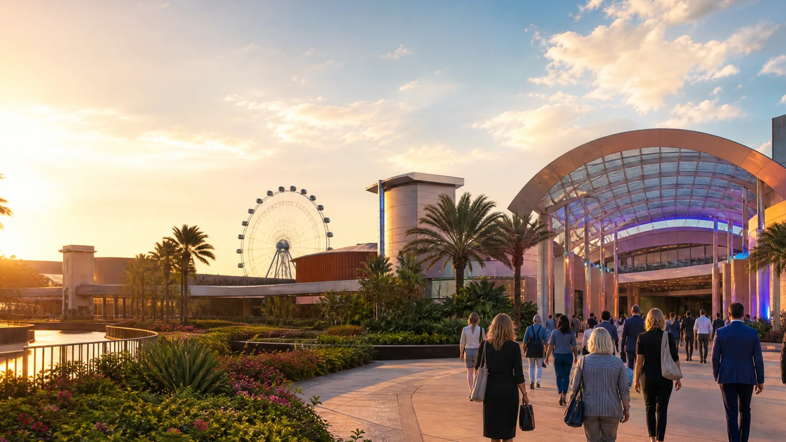 Illustrative attractions-industry exhibit with an immersive demonstration zone and open visitor journey