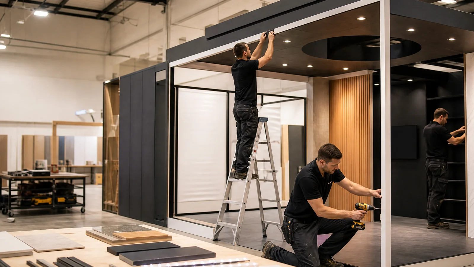 Illustrative building-products exhibit with full-height material samples, detail lighting, and a demonstration counter