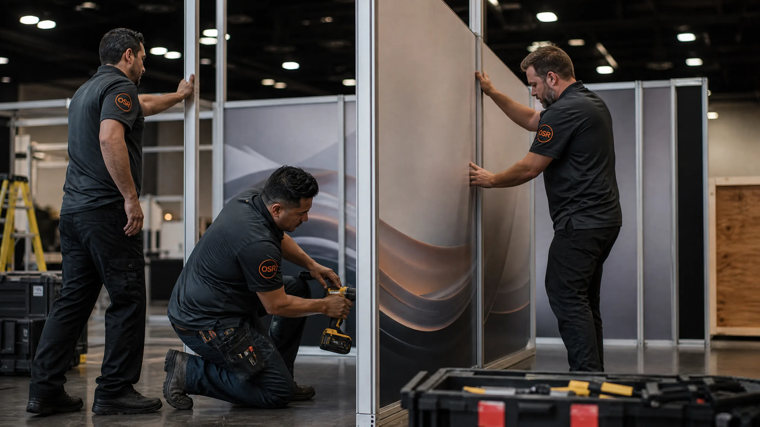 Orlando Stand Rentals exhibit technicians assembling a custom modular exhibit structure