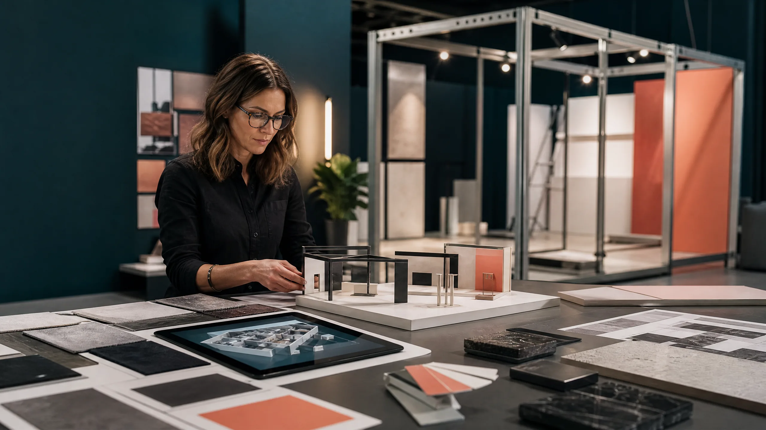 Exhibit designer reviewing a physical booth model and material samples in a design studio