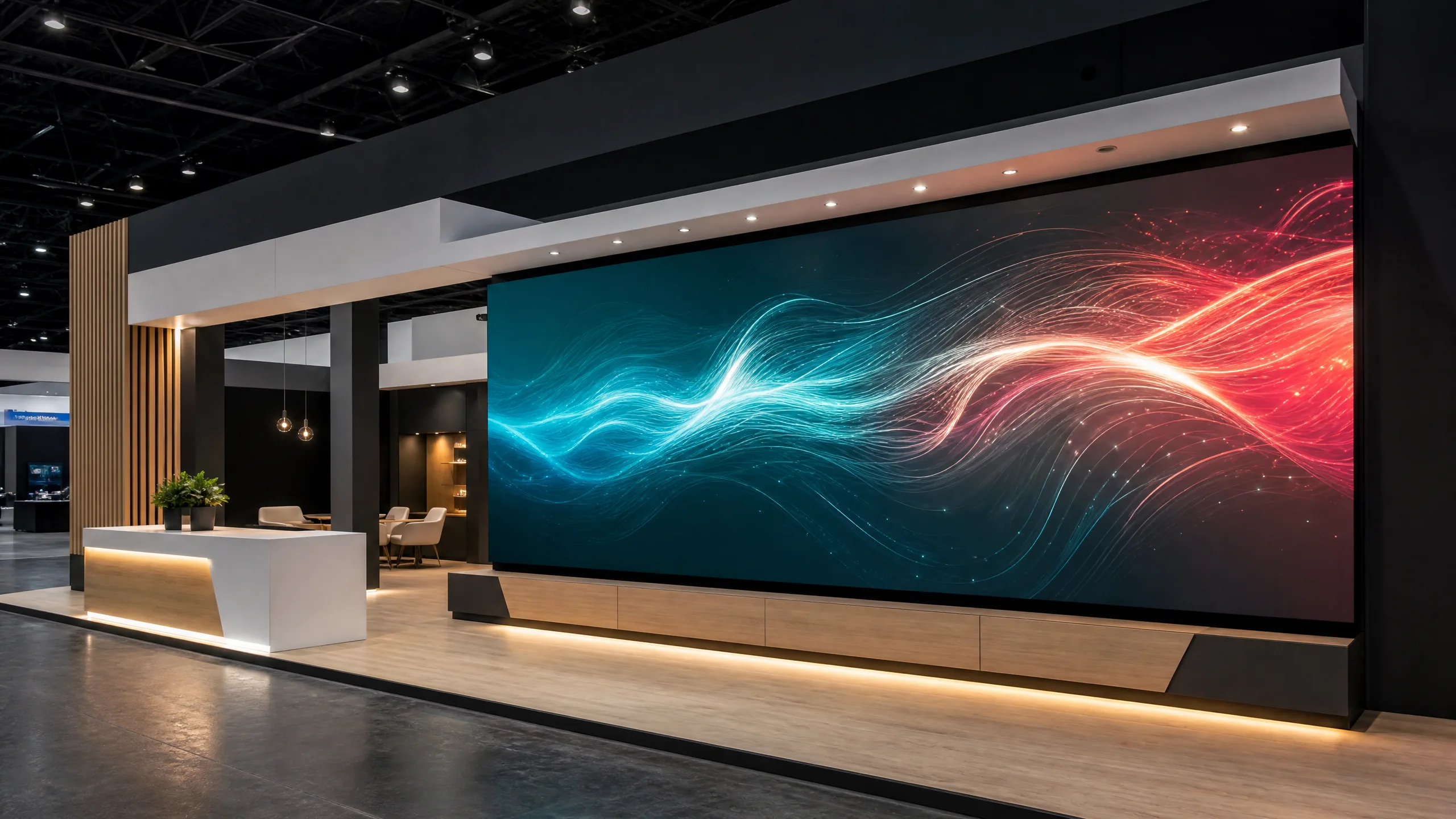 Contemporary custom exhibit with a modular LED tile wall showing abstract teal and coral motion graphics