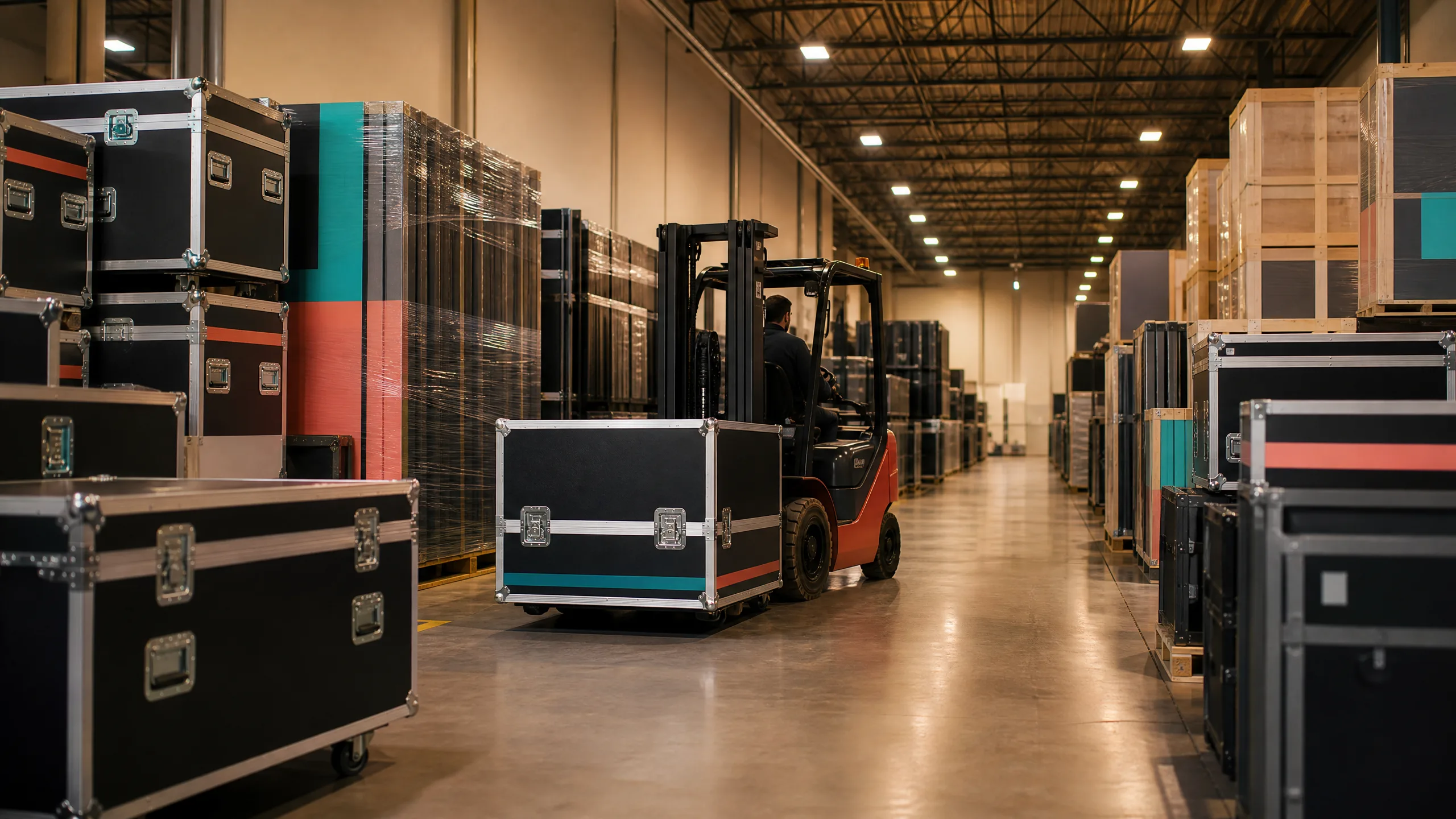 Organized warehouse storage and logistics handling for reusable exhibit rental components
