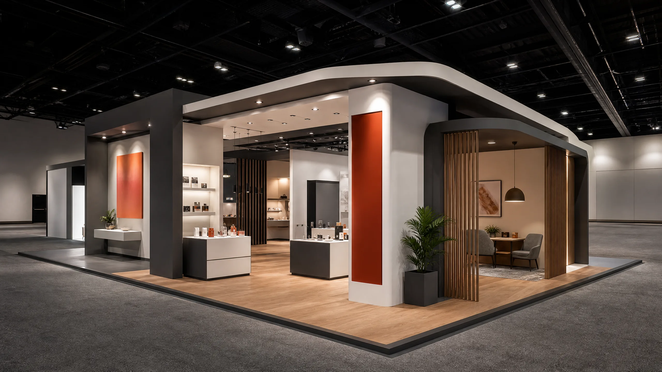 Contemporary modular custom trade show rental environment with integrated meeting and display areas