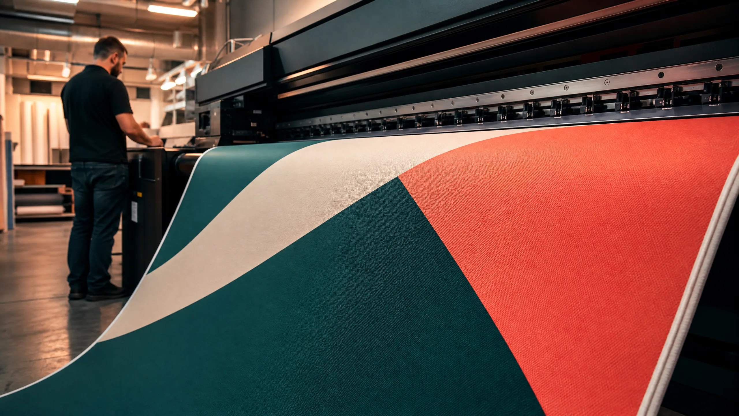 Large-format textile printer producing SEG fabric graphics for a trade show exhibit