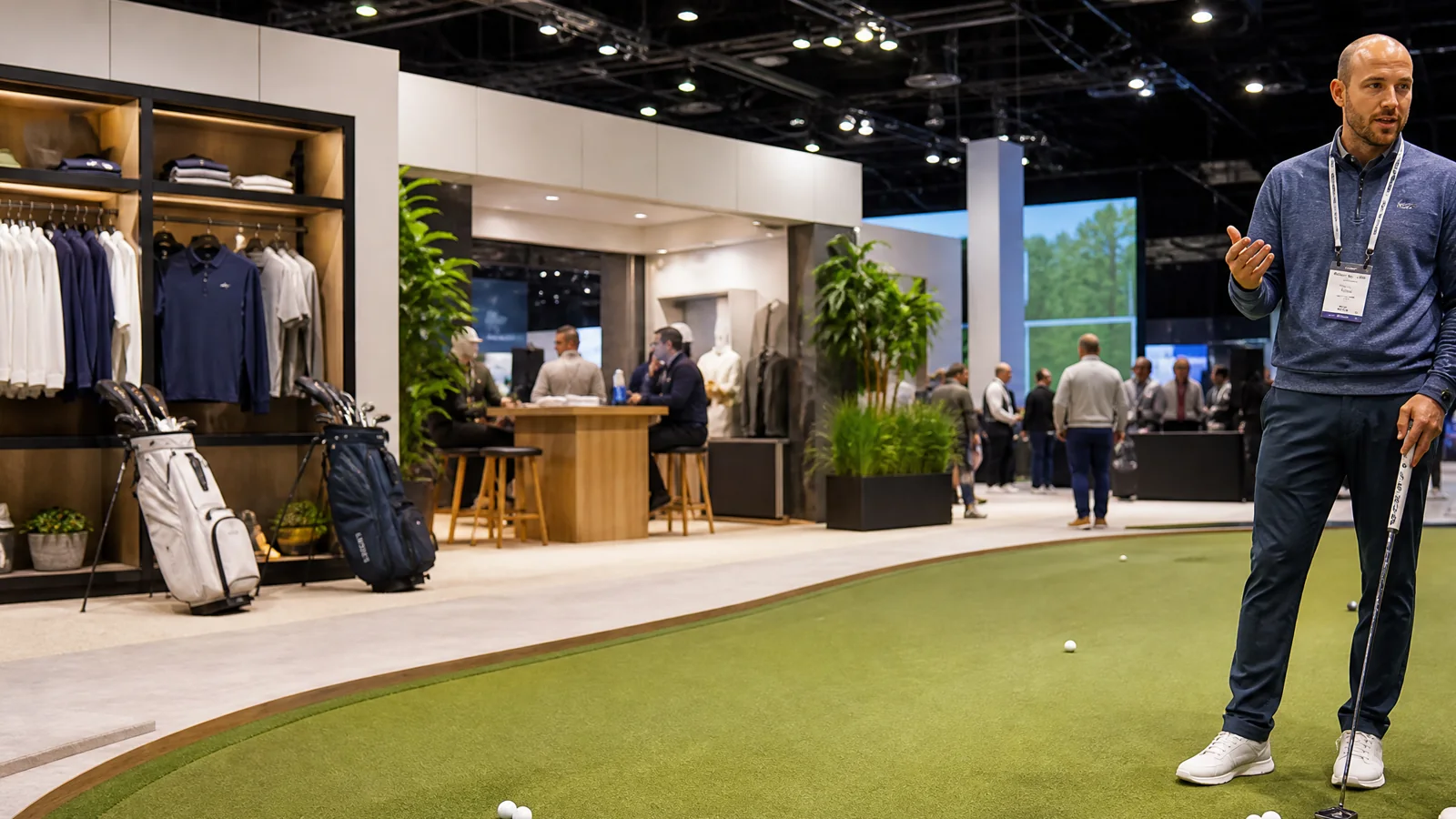 Illustrative sporting-goods exhibit with a protected hands-on trial area and open spectator circulation
