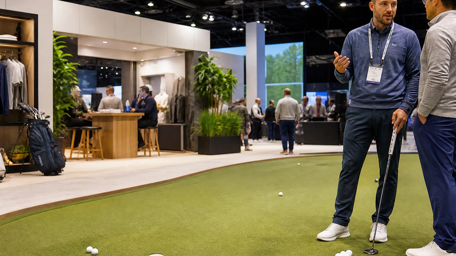 Illustrative golf and sporting-goods exhibit with modular merchandising displays and a buyer meeting zone