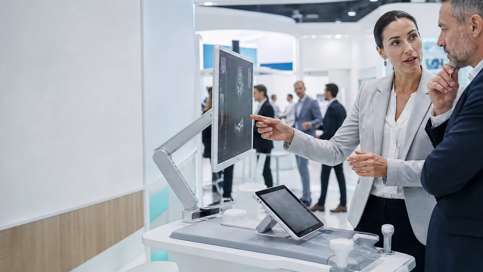 Illustrative healthcare exhibit with a controlled clinical technology demonstration and accessible consultation space