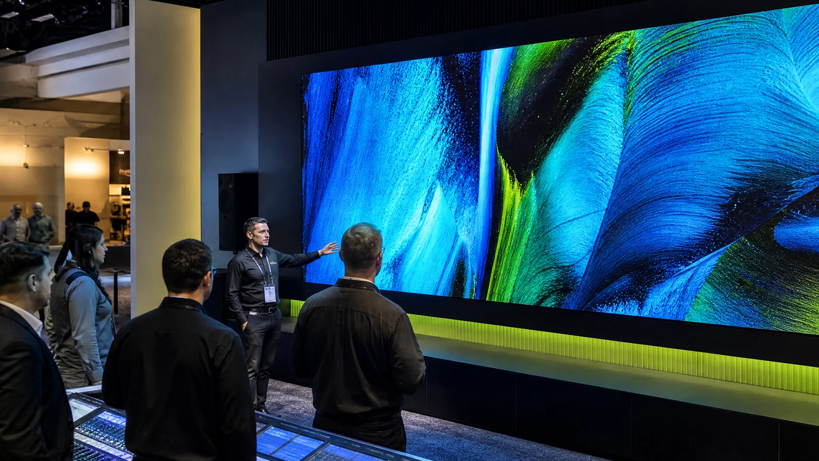 Illustrative professional AV exhibit with integrated displays, a hands-on control demonstration, and concealed cabling