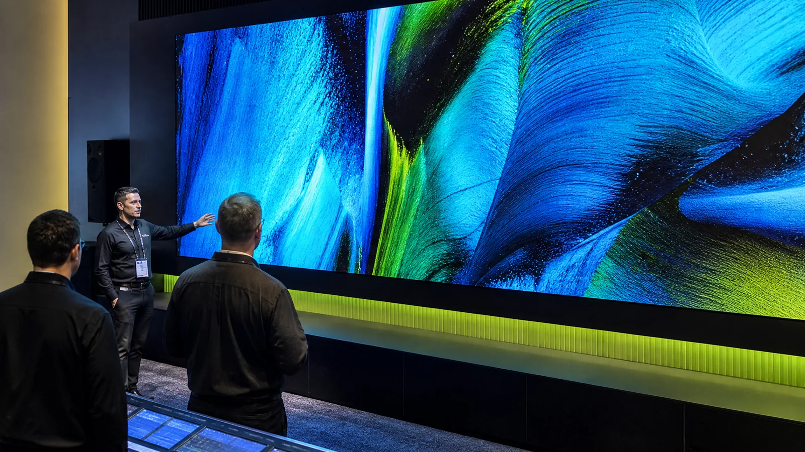 Illustrative technology exhibit presentation zone with open sightlines and aisle-safe audience positioning